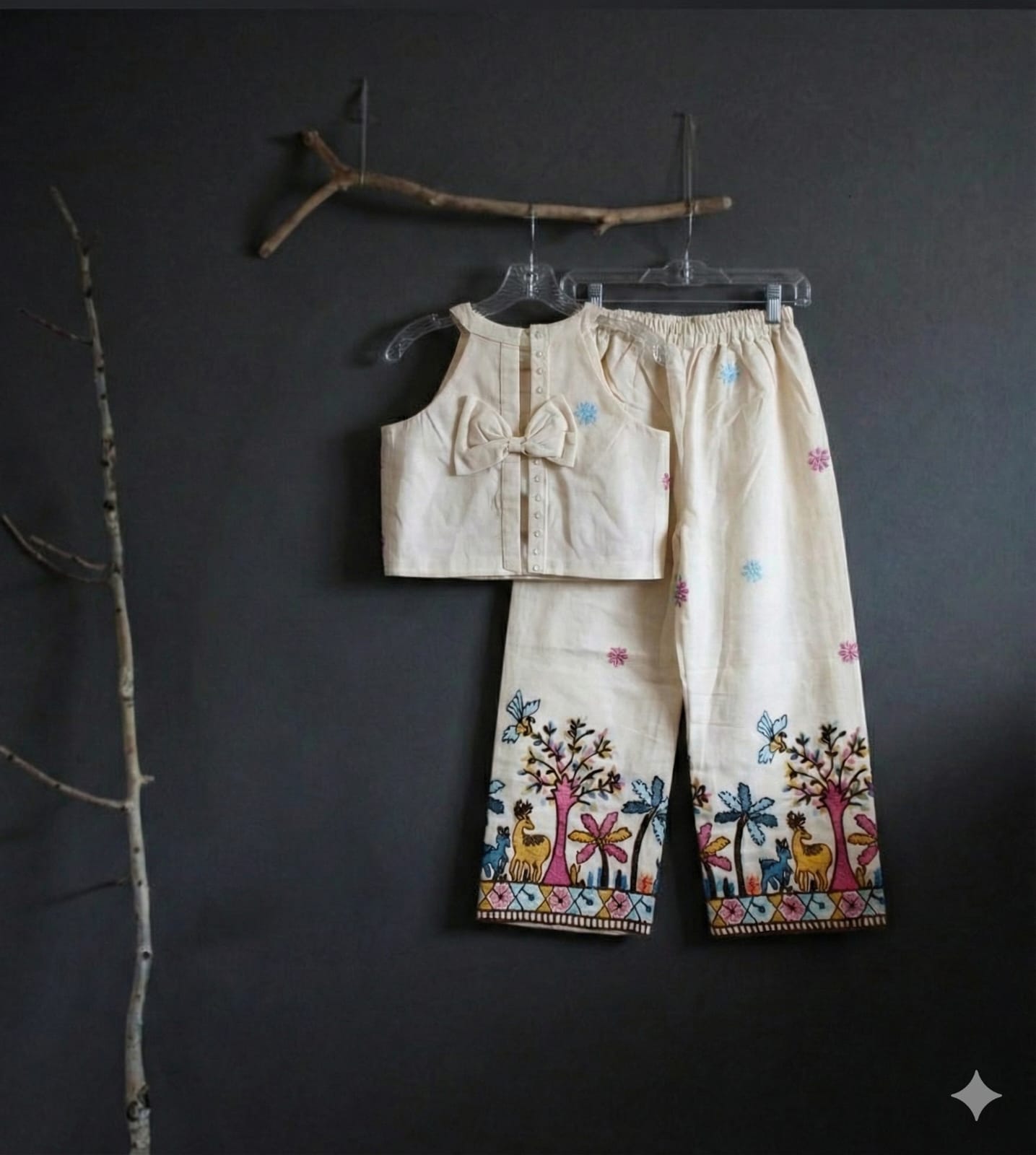 Girls Ivory Embroidered Crop Top & Palazzo Set