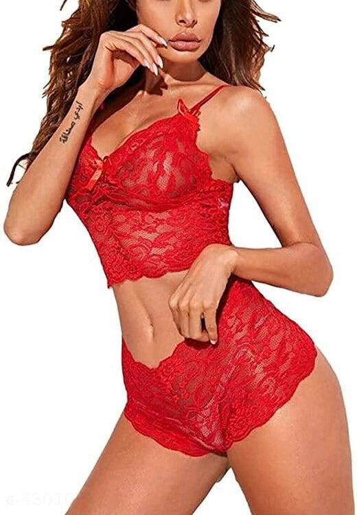 Bra & Panty Set Self Design Red Lingerie Set