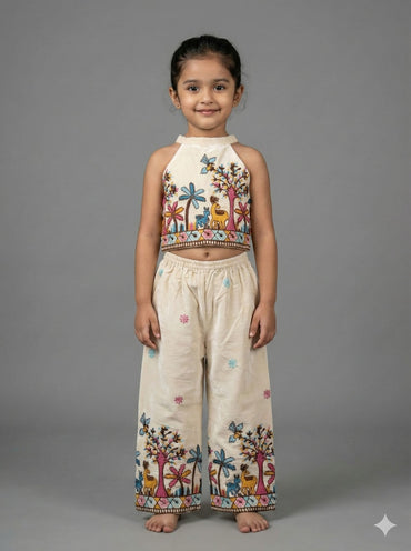 Girls Ivory Embroidered Crop Top & Palazzo Set