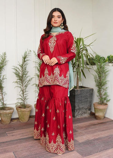 Mother Daughter Matching Sharara Suit Set – Wine Red with Gold Embroidery