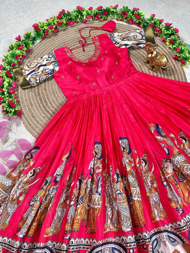 Traditional Kalamkari Printed Anarkali Dress (With Sleeves) | Sky Nora