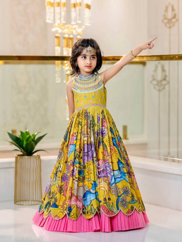 Girls Kalamkari Printed Lehenga Choli Set with Dupatta – Yellow